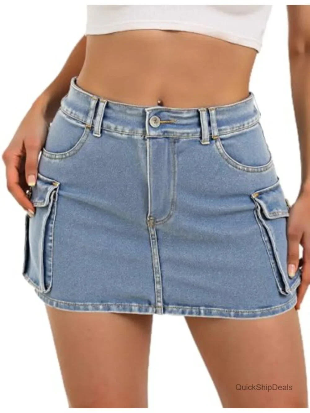 Y2K Denim Cargo Skirt Mini Low Waist Bodycon Flap Pockets 95% Cotton 5% Spandex